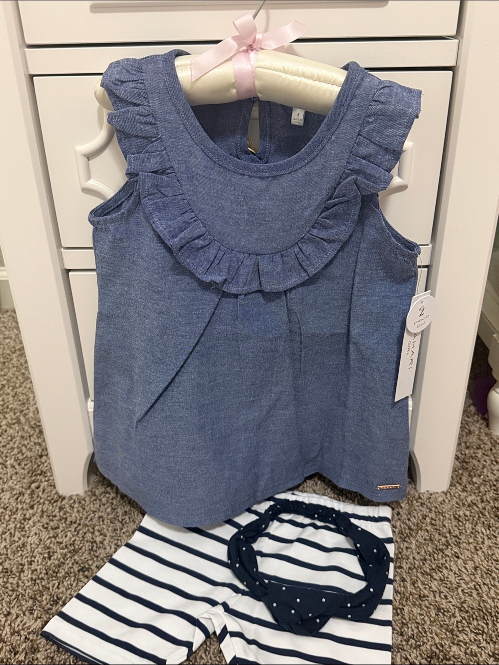 Children's Ruffle Denim-Look Tank & Striped Shorts Set - Blue